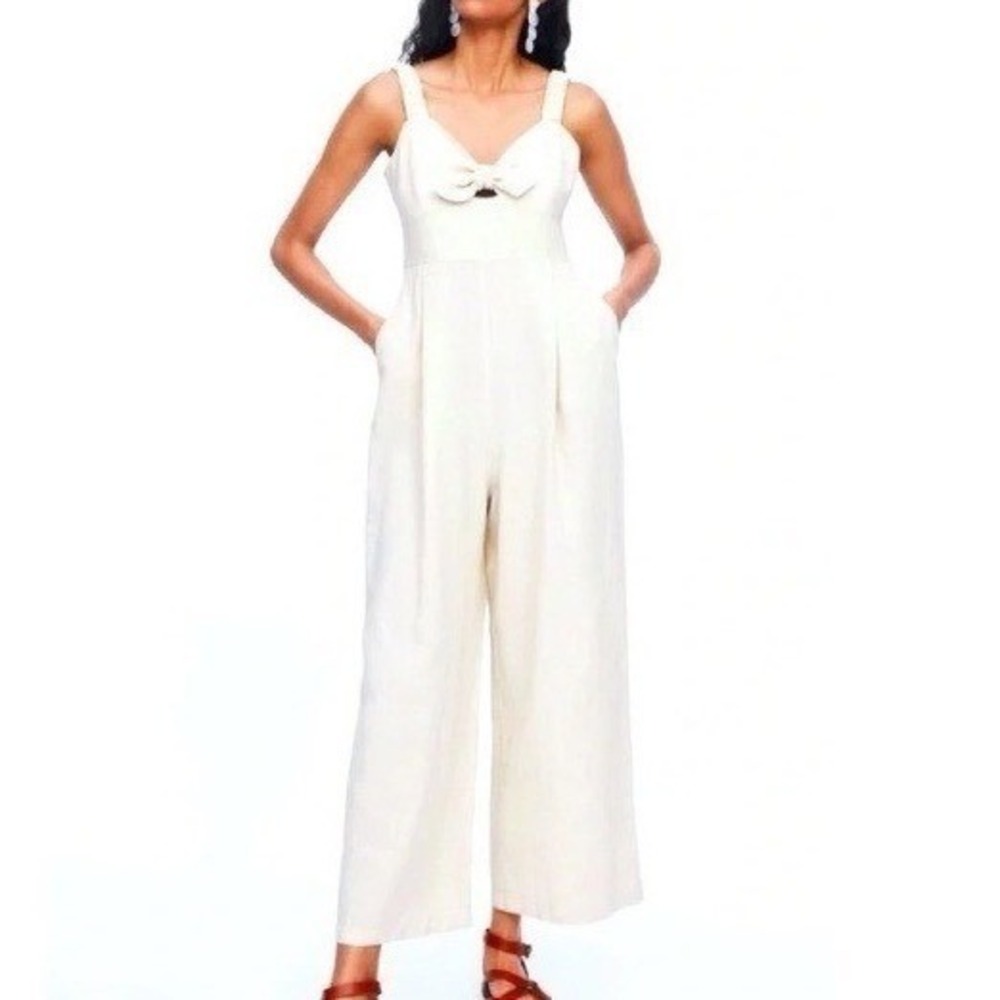 Zara | Cream Linen Blend Wide Leg Jumpsuit Tie Front Sweetheart Neck | Small